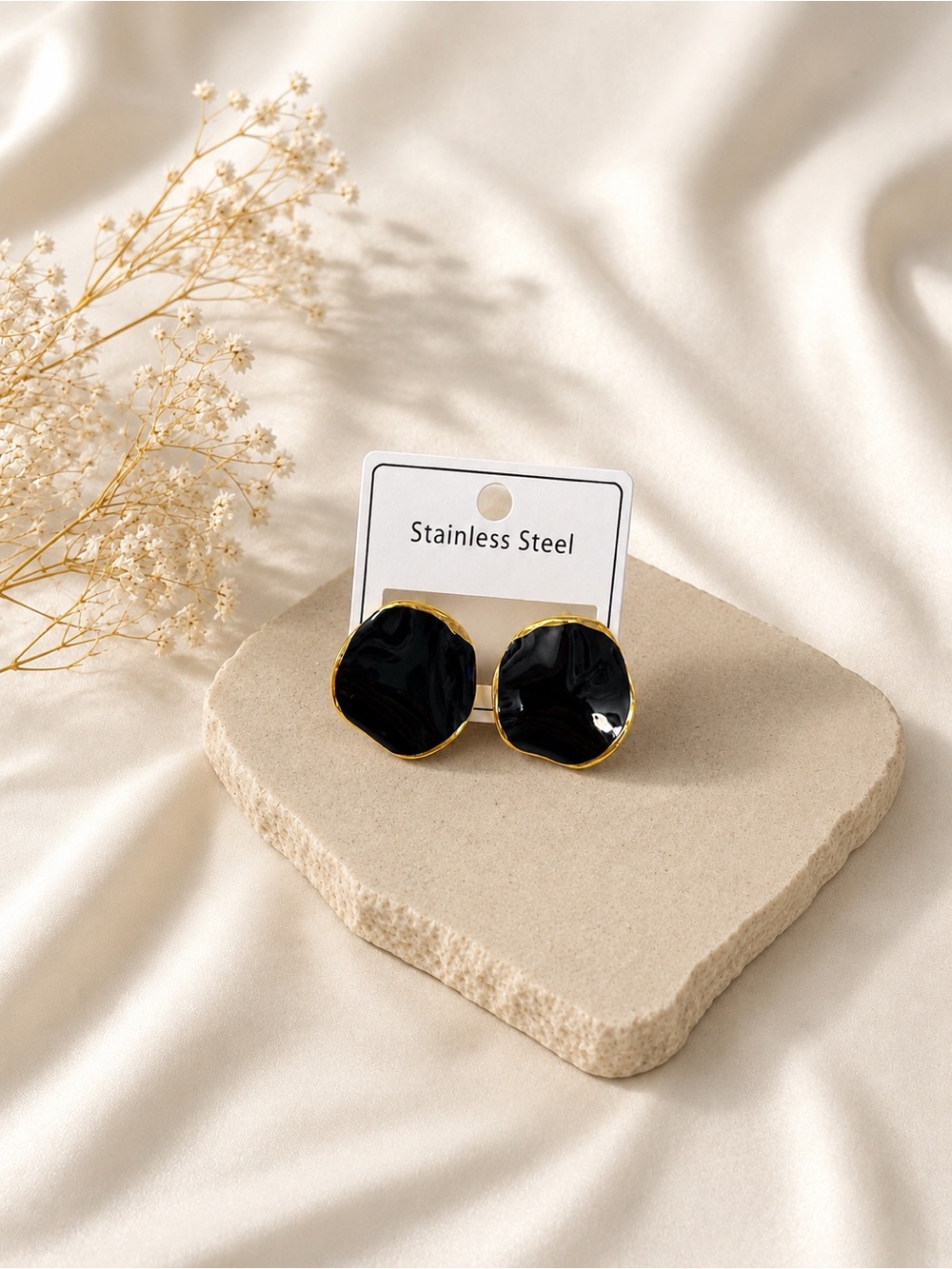 Gold-Trim Black Stud Earrings